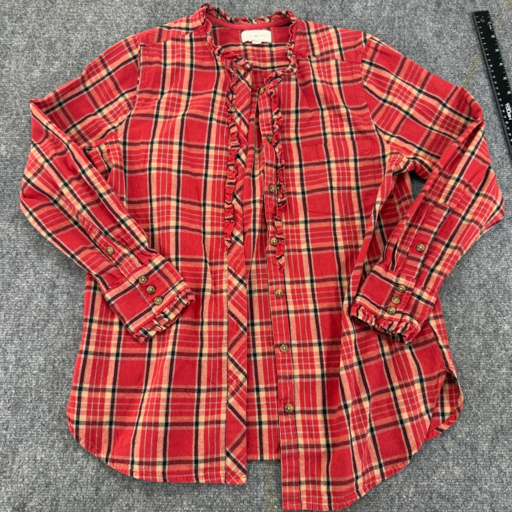 Lucky Brand Ruffle Plaid Button Down Shirt Red Size M
